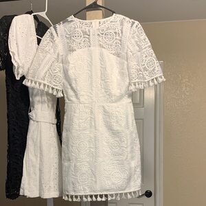 Finders Keepers White Embroidered Mini Dress with Tassel Trim